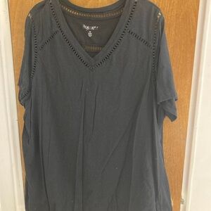 Black V-neck T-shirt with open work detail from front to back by Roamans